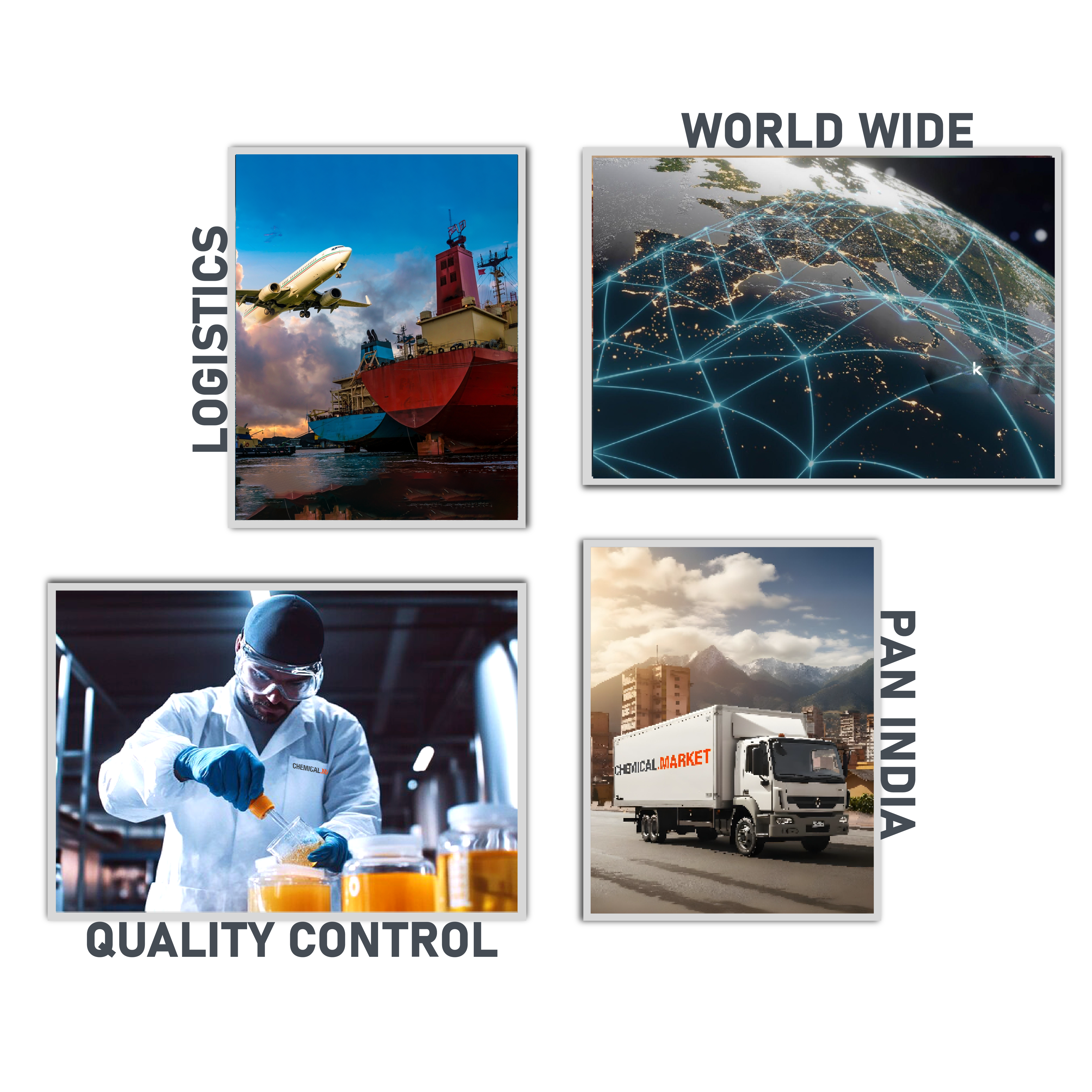 Collage representing Chemical Market's global logistics, quality control, worldwide reach, and pan India delivery services