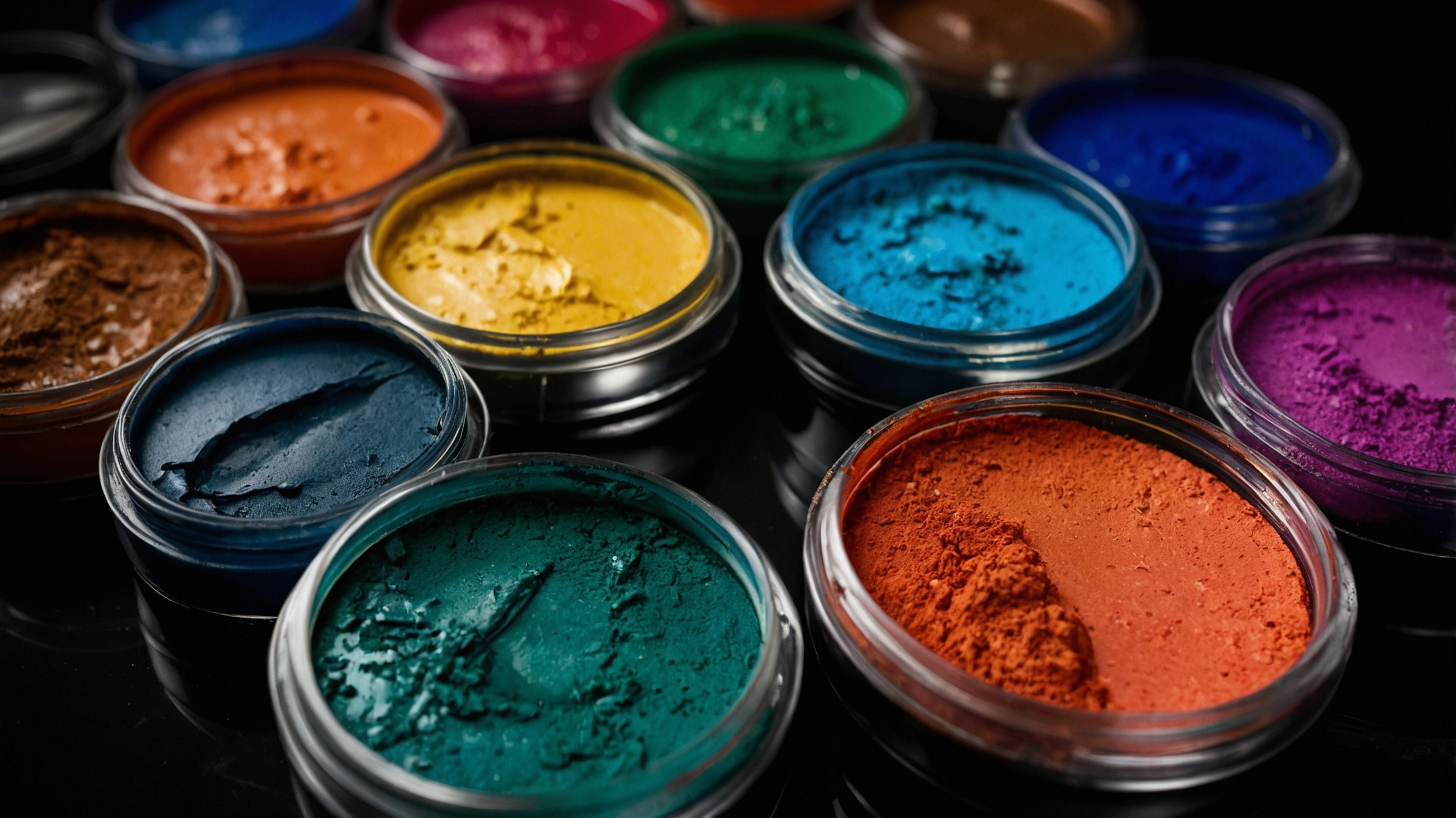 Open jars of pigments offering a range of hues for paint formulations
