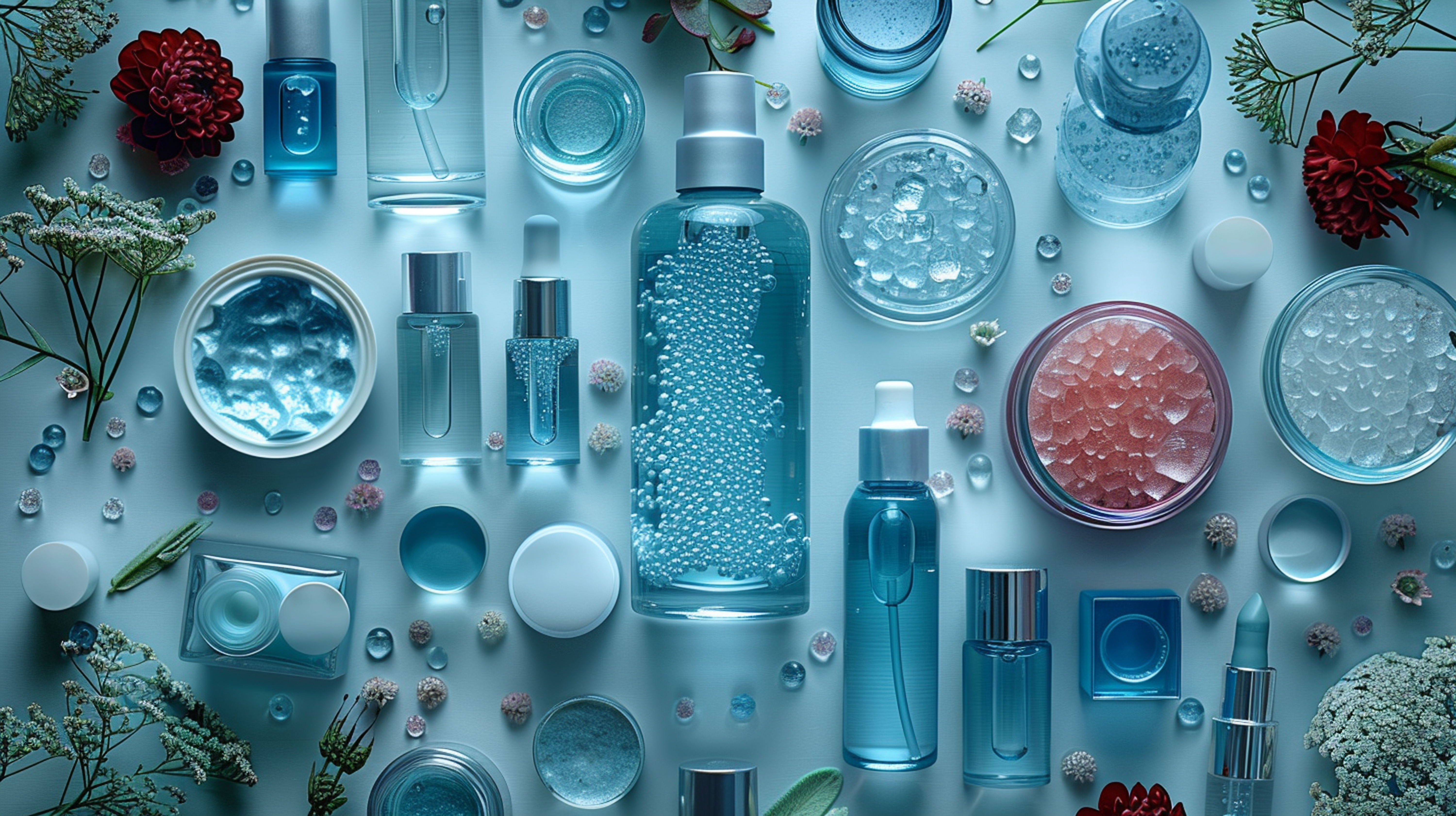 Assorted polymer-based skincare products in blue tones for enhanced texture and stability  
