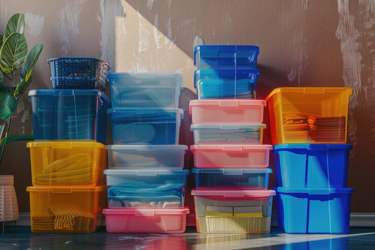 Colorful plastic storage containers made from high-quality polymers for various applications