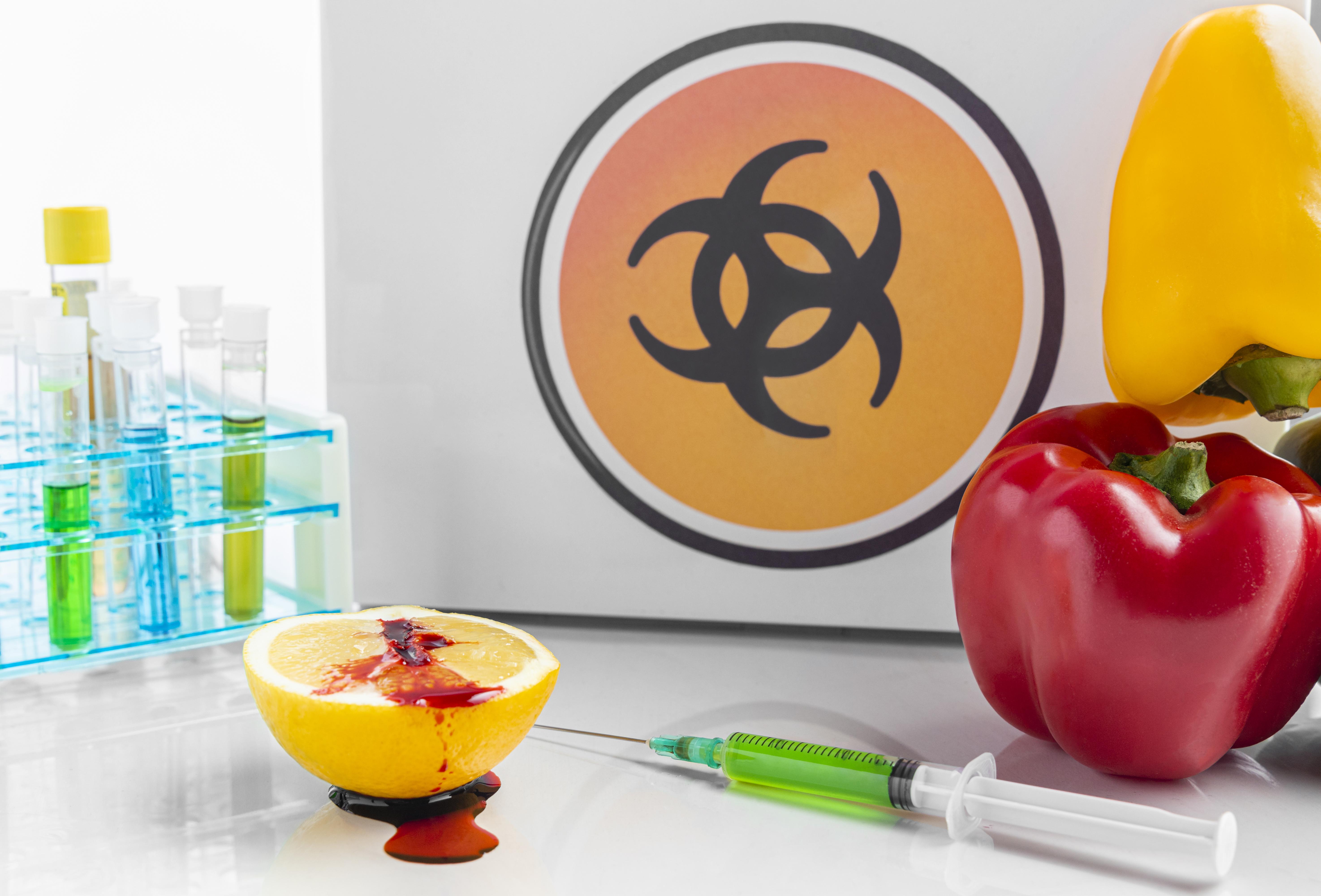 Controlled-release agents in pharmaceutical setting with syringes and biohazard symbol